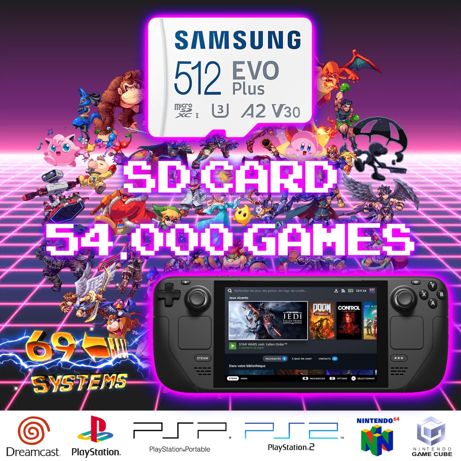 Carte Micro SD 512Go avec 54 000 Jeux pour Console Steam Deck